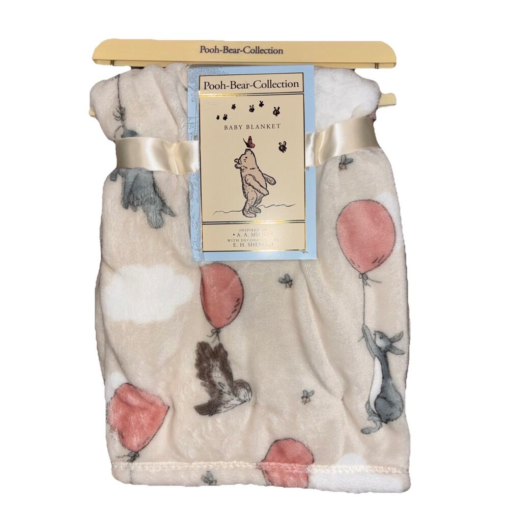 Winnie the Pooh Bear Collection Balloon Baby Blanket Cream Piglet Clouds NEW